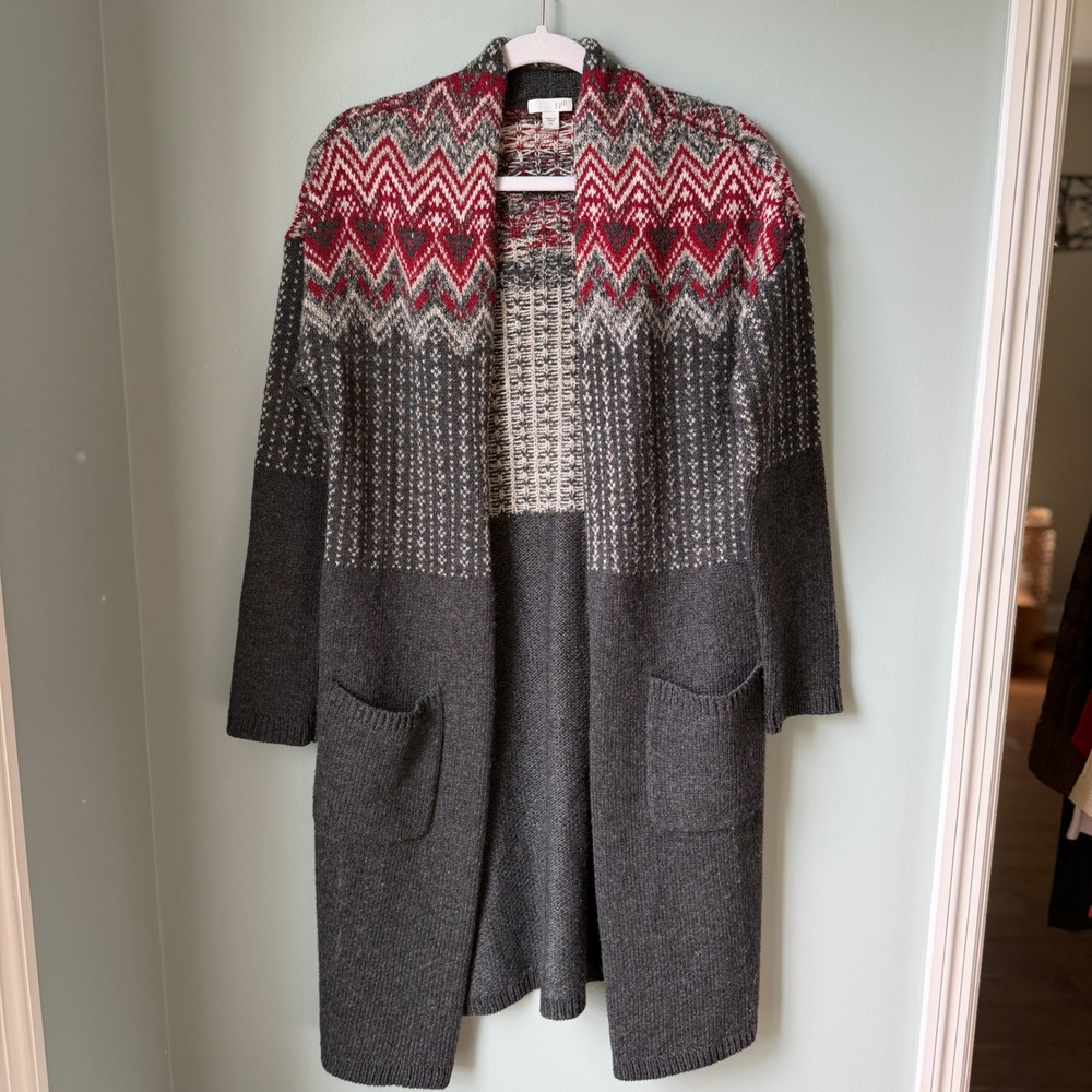 J. Jill Fair Isle Cardigan Sweater Long Line Open Front Gray Red Wool Blend XS
